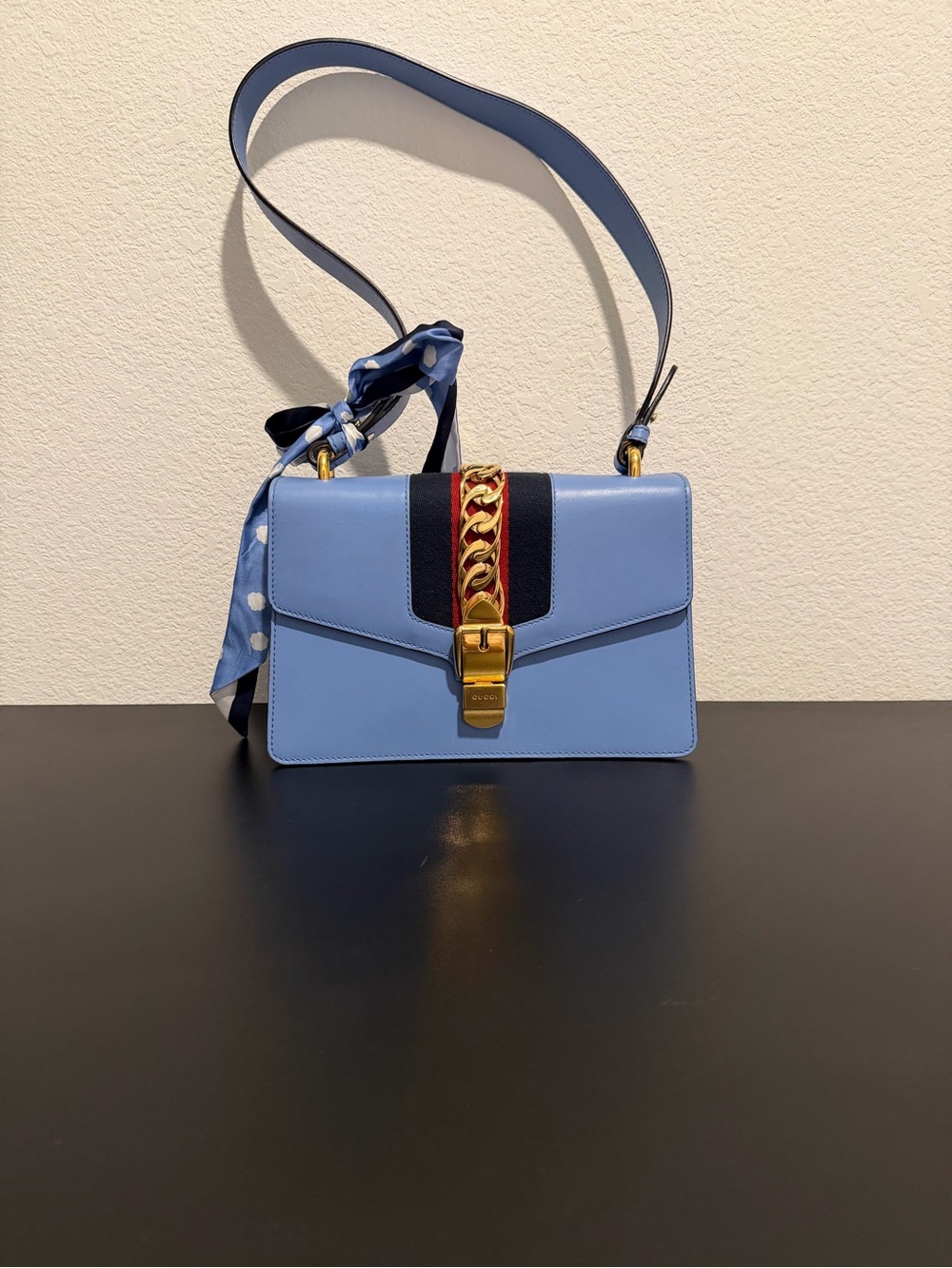 Gucci Sylvie Small Blue Leather Shoulder Bag Authentic + LegitApp COA